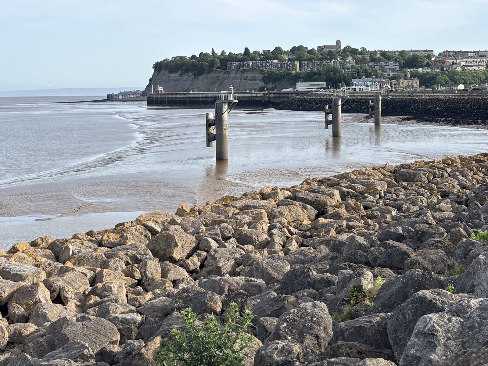 The barrage's rock wall and the headland of Penarth